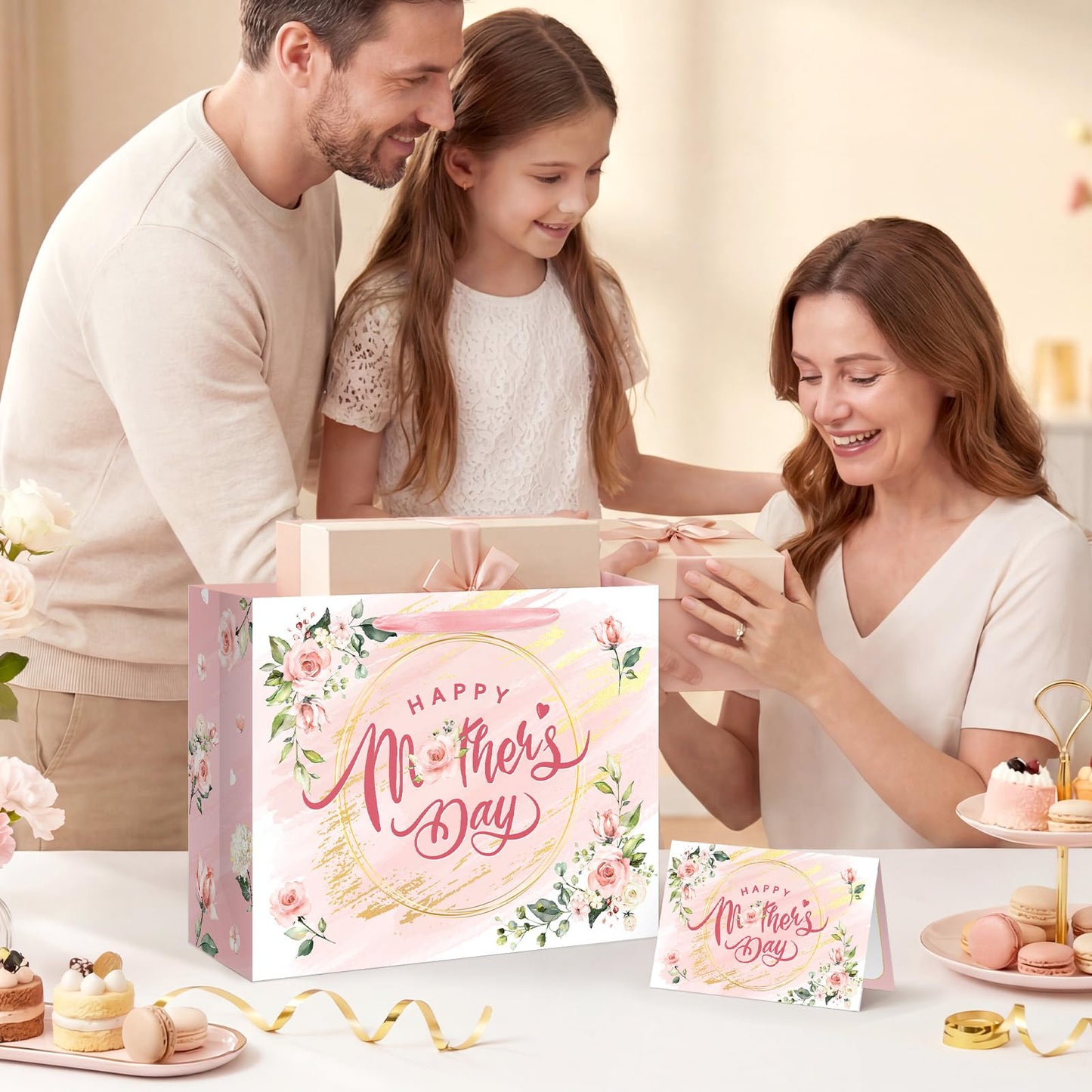 Aysimple Happy Mother's Day Large Gift Bag Set with Greeting Card and Pink Tissue Paper 13" Love Mother Present Bag Pastel Flower Paper Gift Bags with Handles for Happy Mom's Day Party Decorations