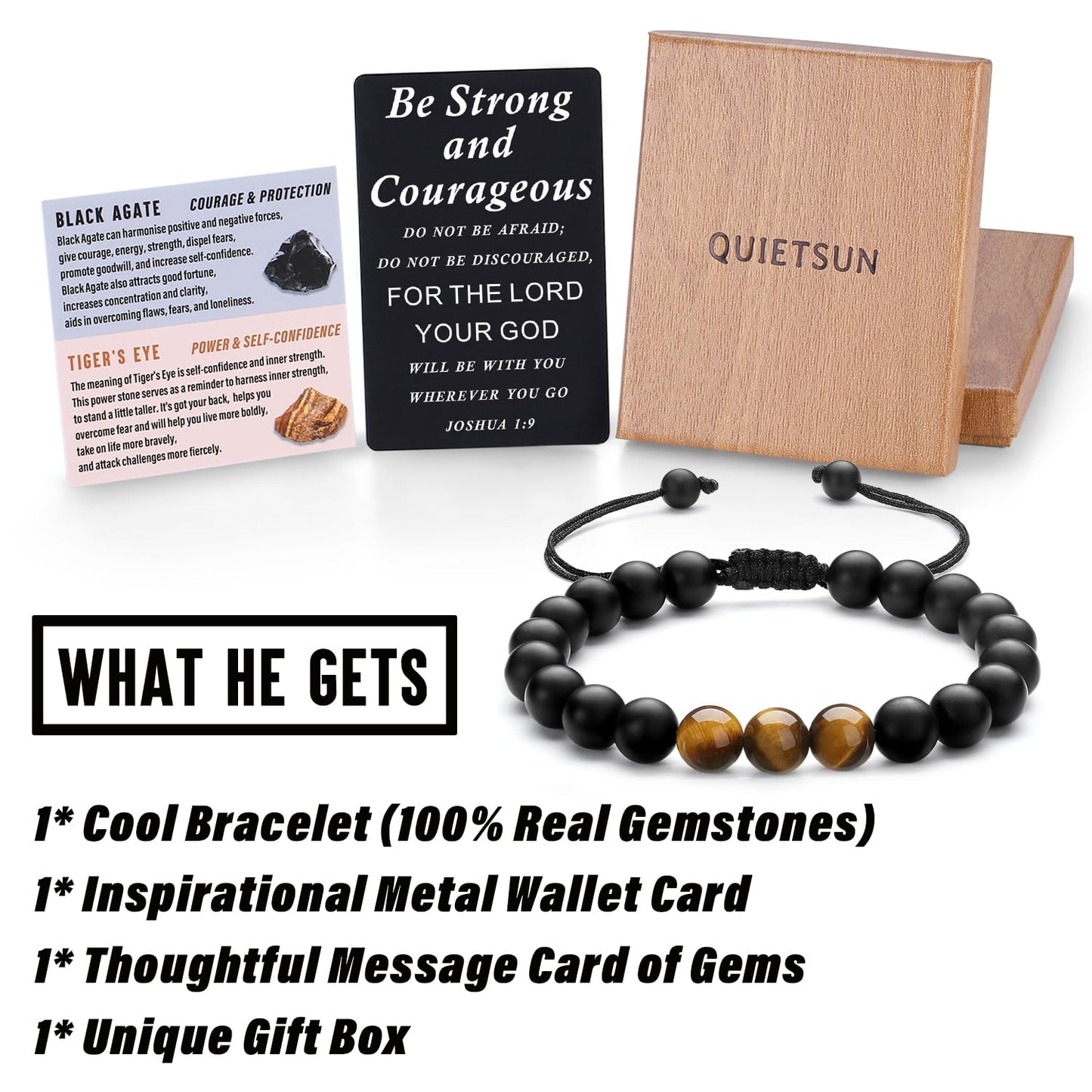 Quietsun Cool Gifts for Teen Boys/Men-Natural Gemstone Bracelet with Meaningful Metal Wallet Card in Gift Box