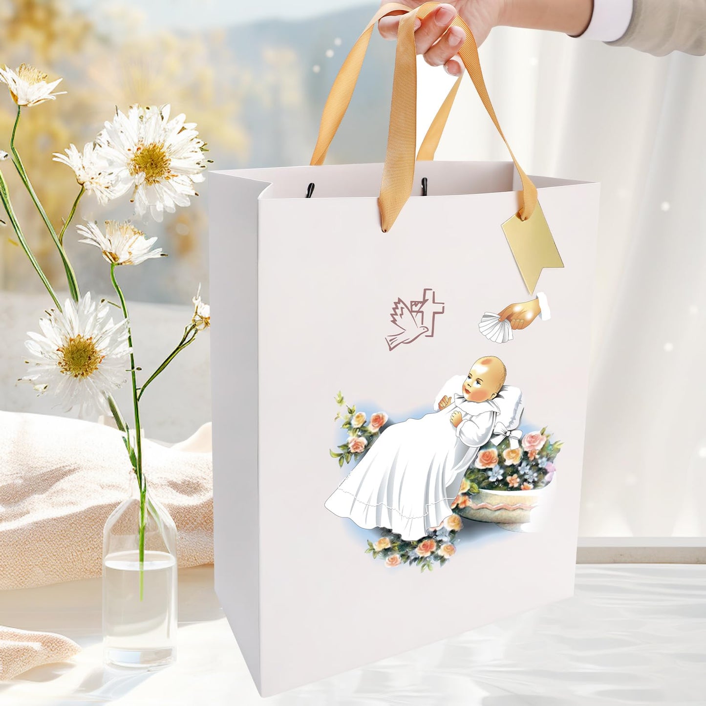 reviamz White Gift Bag Holy Spirit Design with Tissue Paper for Baby Boy and Girl Baptisms,Christenings,Baby Shower,First Communions Dedication Gifts for Religious Catholic Occasion- 10" x 5" x 13"