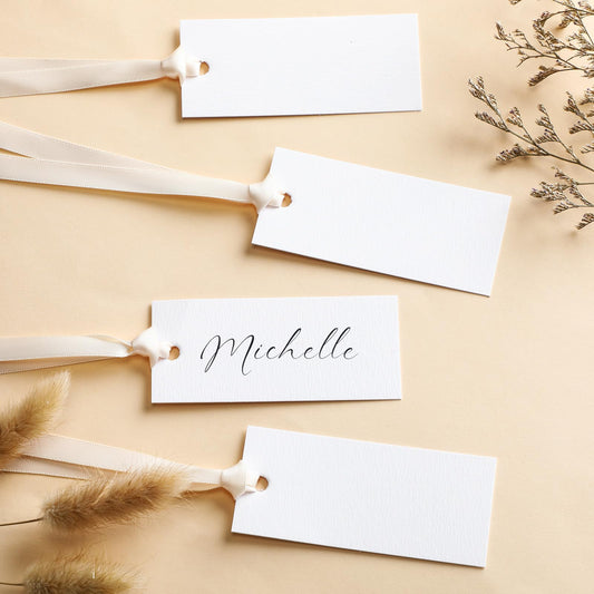 50 Pcs Name Place Cards for Table Setting Blank Wedding Place Cards with Satin Ribbon 1.57 x 3.54 Inch Hanging Gift Tags for Wedding Dinner Banquet Party Table Setting Supplies(Beige)