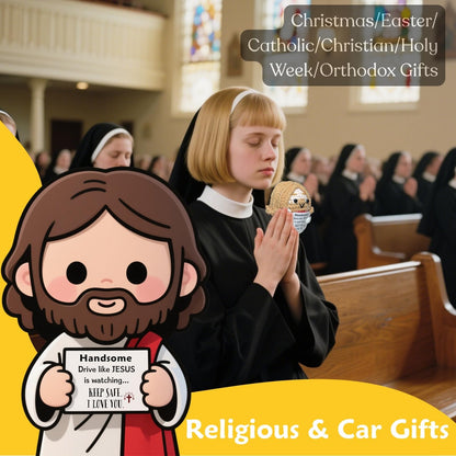 Easter Basket Stuffers for Men Driver: Crochet Little Jesus Christian Gifts Handmade Car Decors with 'Keep Safe' Cards Rearview Mirror Hanging Accessories, Catholic Religious Husband Him Gift Ideas