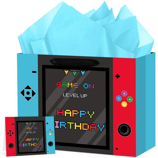 Abilat Large Video Game Birthday Gift Bag with Tissue Paper and Greeting Card Happy Birthday Gift Wrapping Bag for Boys Kids Gaming Theme Game Night Party Decorations