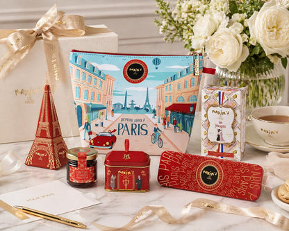 Maxim's de Paris French Gift Set - Bonjour Paris Pouch with Chocolate, Nougat, Strawberry Jam, Eiffel Tower Tin & Mini Collectible Tins | Premium French Gift Box, Made in France