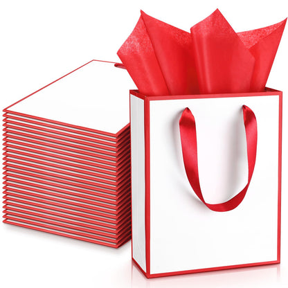 Yeaqee 24 Pack Metallic Paper Gift Bags with Handle and Tissue 9x7x3.1 Gold Foil Welcome Thank You Favor Bags Return Gifts for Wedding Graduation Bridesmaid Groomsmen Birthday(White, Dark Red)