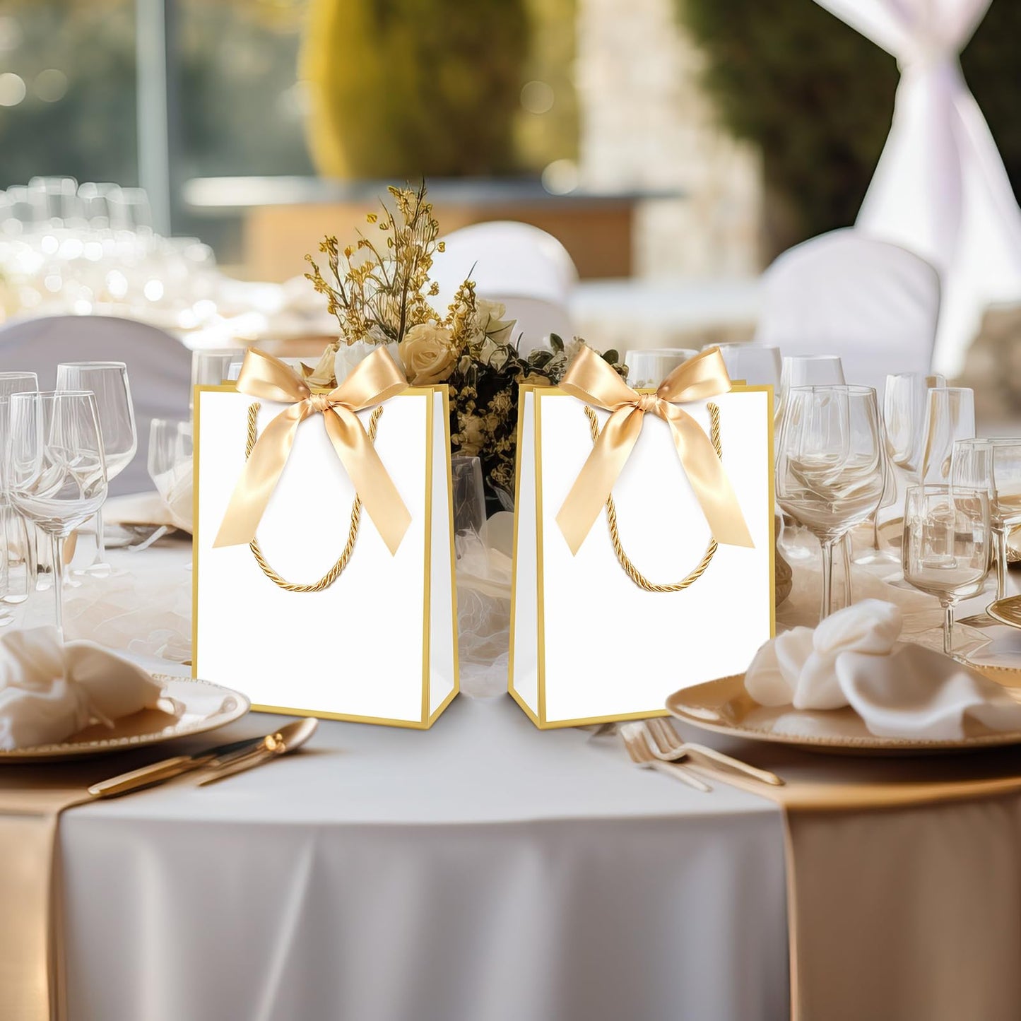Silkfly 12 Pcs Wedding Paper Gift Bags with Handle 9x7x3.15'' Thank You Gifts Bags with Ribbon Bow Bridal Shower Gifts for Baby Shower Graduation Holiday Birthday Party Supplies (White,Gold)