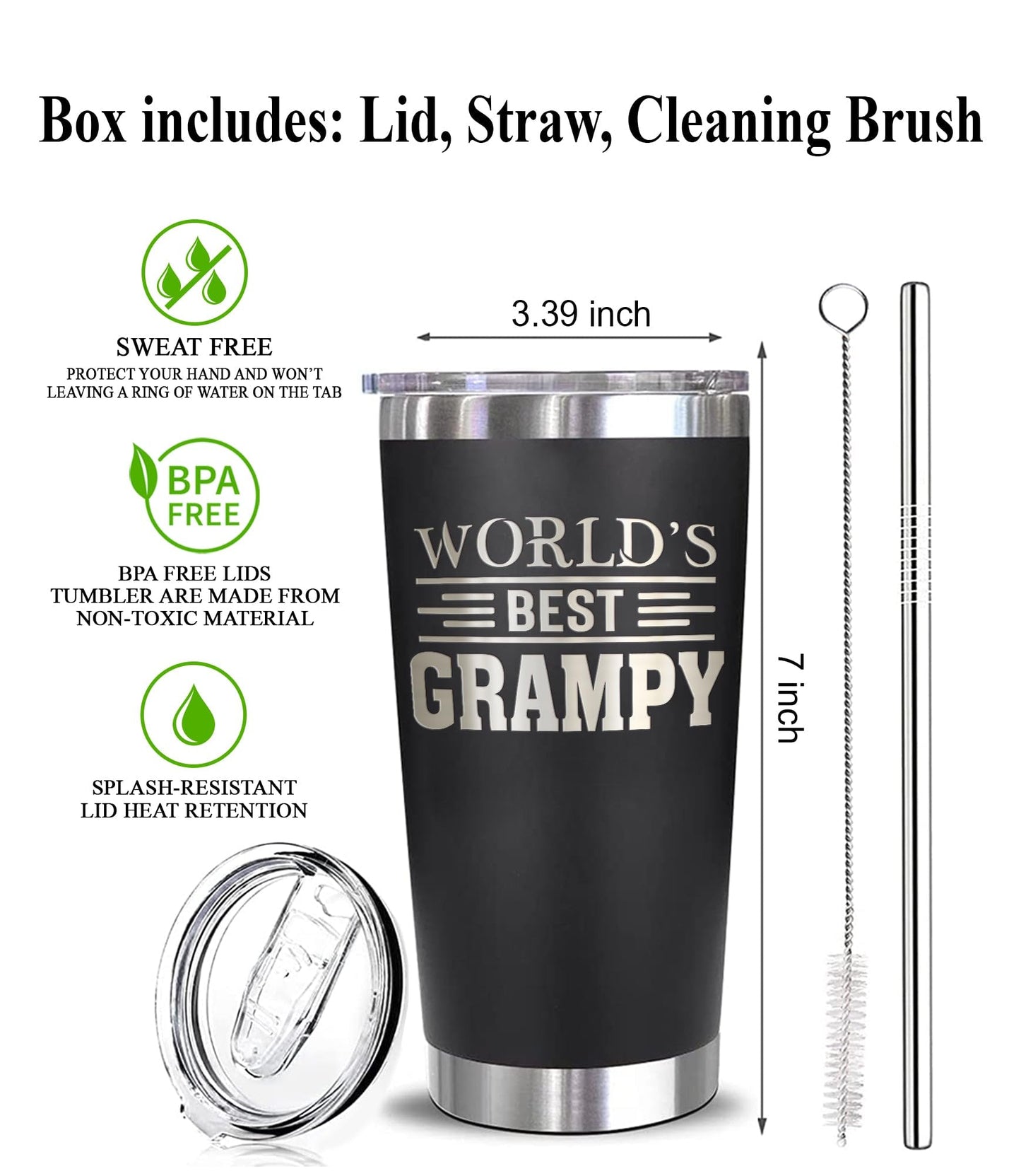 World's Best Grampy Tumbler - Best Grampy Laser Engraved - Grampy Mug - Father's Day Gift - Birthday Gift For Grampy - Grampy Coffee Mug - Stainless Steel Travel Tumbler 20Oz, Black