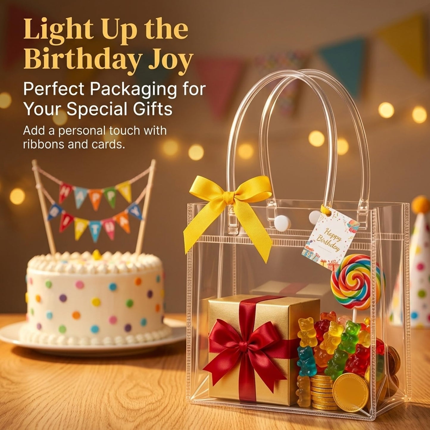 MAQIHAN Clear Gift Bags with Handles - 10 Party Favor Candy Bags, Plastic Goodie Bags Transparent, bolsitas, for Valentines, Mother's Day, Christmas, Baby Shower, Wedding, Birthday, Mini 5.9'' x 6.3''