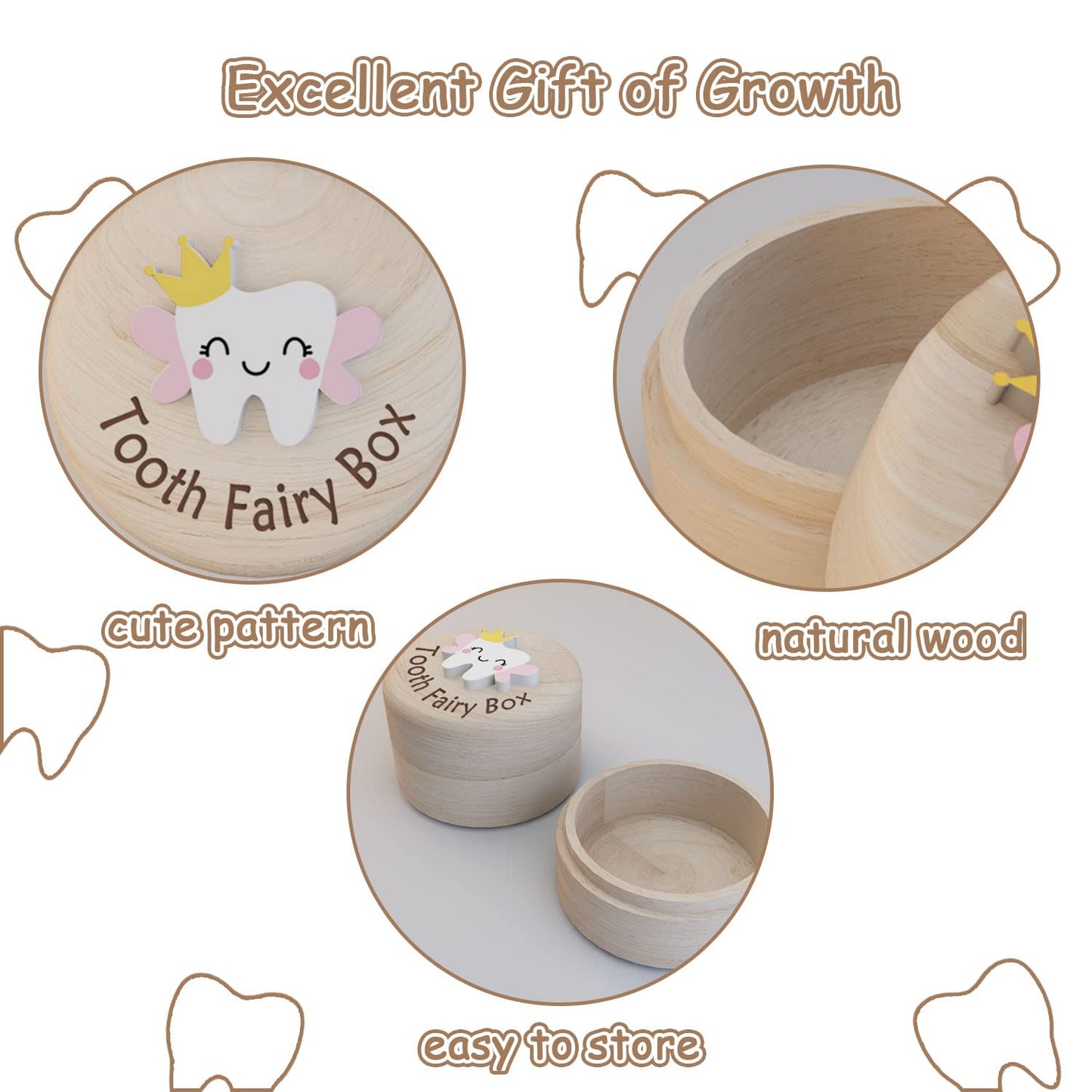 Tooth Fairy Box for Girls, Cute Carved Wooden Box with 3D Tooth, Stores Lost Teeth for Kids, Souvenir Dropped Tooth Keepsake Storage Box Gift for Little Girl（P-Wings-T）