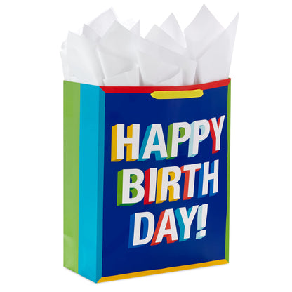 Hallmark 15" Extra Large Birthday Gift Bag with Tissue Paper (Happy Birthday, Red, Blue, Yellow, Green) for Kids, Teachers, Coworkers, Friends