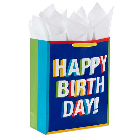 Hallmark 15" Extra Large Birthday Gift Bag with Tissue Paper (Happy Birthday, Red, Blue, Yellow, Green) for Kids, Teachers, Coworkers, Friends