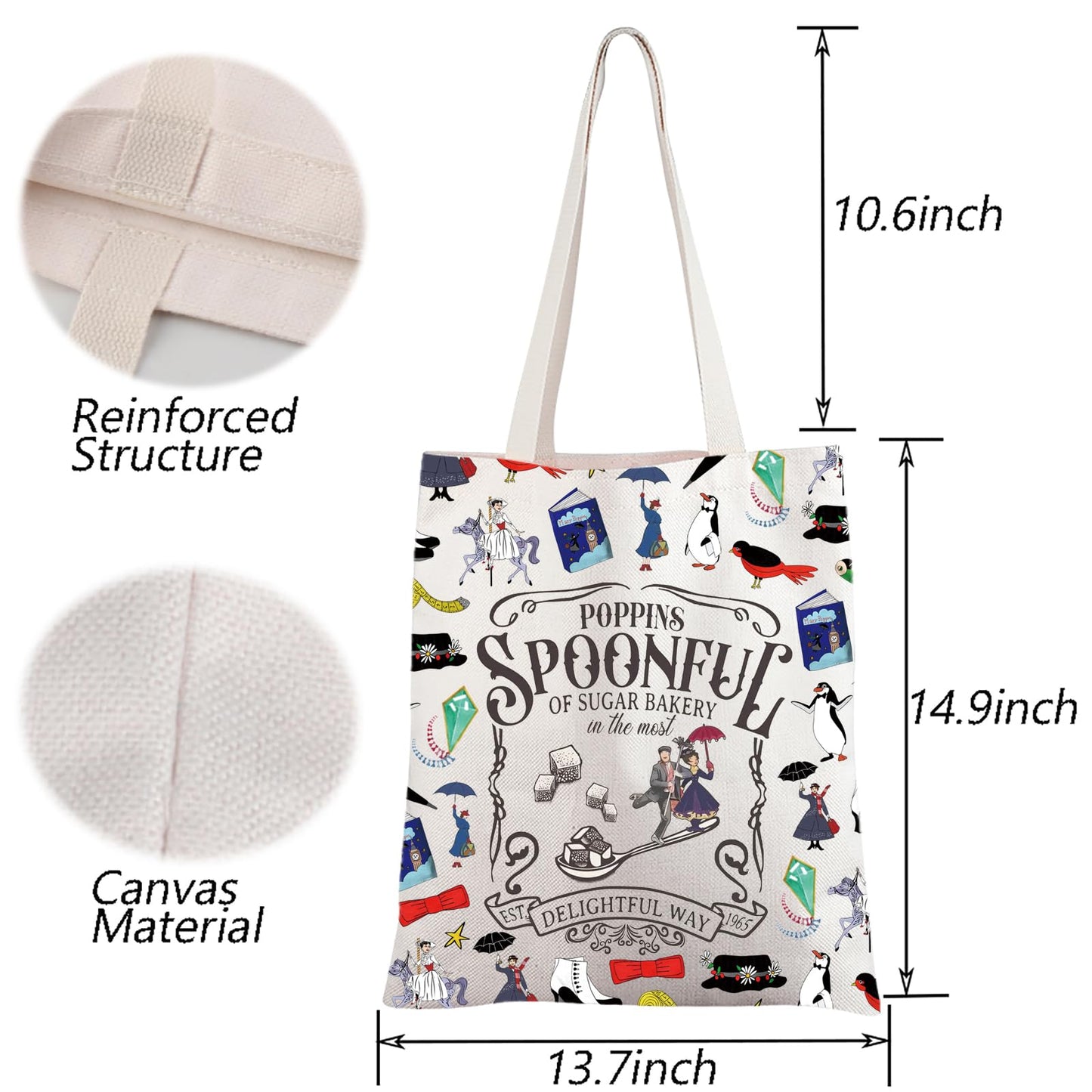 TGBJE Mary Musical Tote Bag Mary Movie Inspired Gift Poppins Spoonful Of Sugar Bakery In The Most Delightful Way Handle Bag (Spoonful Sugar tote)