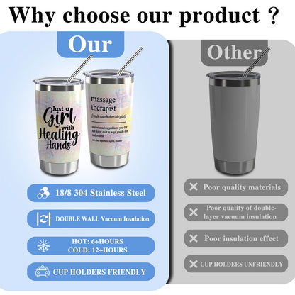Massage Therapist Gifts Massage Therapist Definition 20oz Stainless Steel Insulated Tumbler with Lid and Straw Just a Girl with Healing Hands (Girl with Healing Hands)