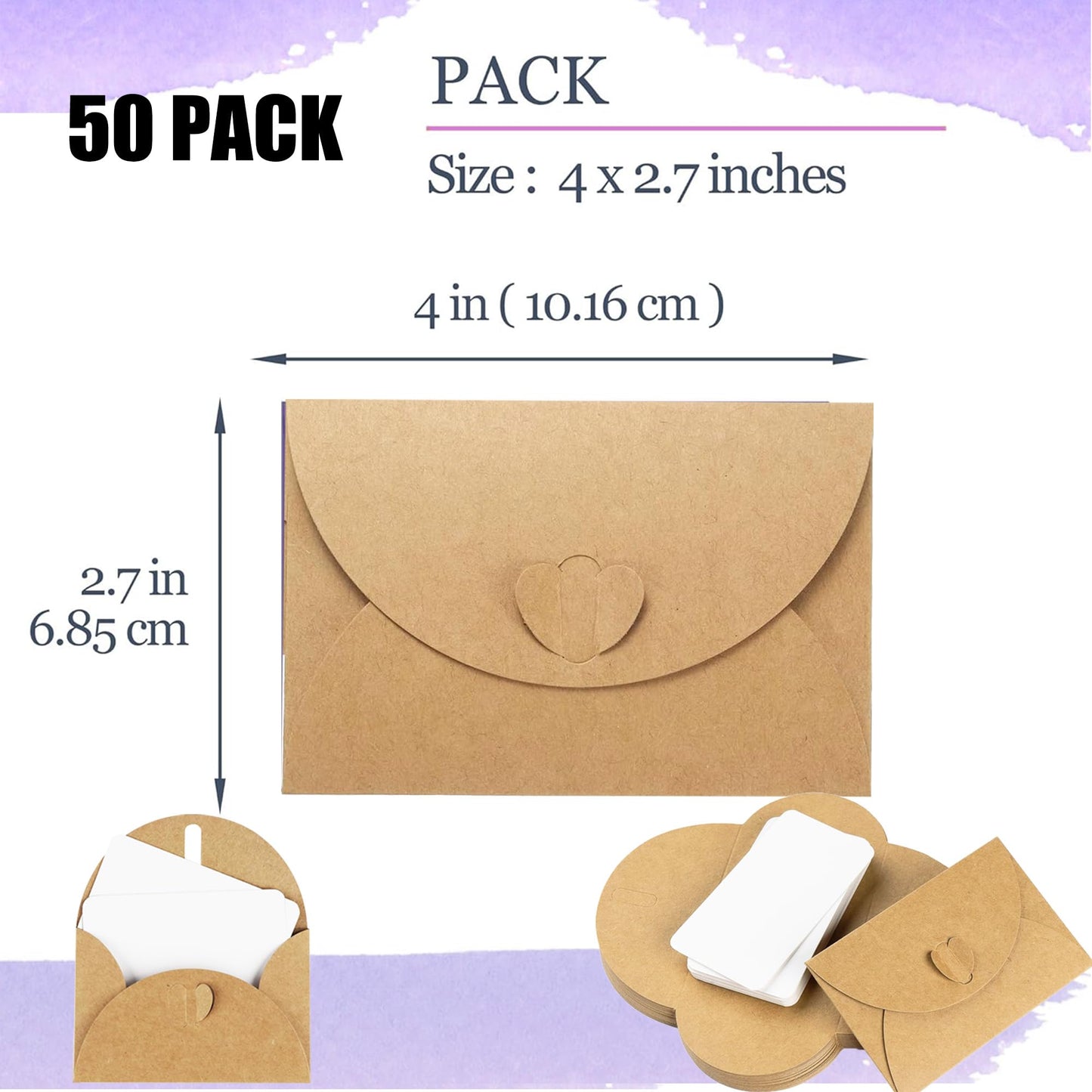 50 Pcs Mini Envelopes with Heart Clasp, Mini Cute Kraft Paper Envelopes,Gift Card Holders 4 x 2.7in,for Business Cards, Weddings Favors (50)