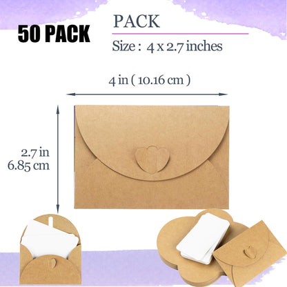 50 Pcs Mini Envelopes with Heart Clasp, Mini Cute Kraft Paper Envelopes,Gift Card Holders 4 x 2.7in,for Business Cards, Weddings Favors (50)