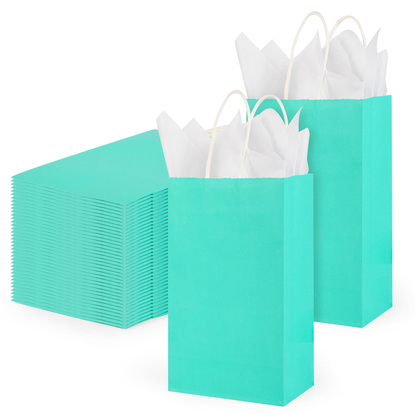 DjinnGlory 100 Pack Small Size Teal Blue Paper Gift Bags with Handles Bulk 9x5.5x3.15 Inch for Holiday Birthday Wedding Baby Shower Party Favors, Business Merchandise Shopping Bags