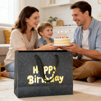 FOREVER 7 STAR Black Happy Birthday Gift Bag With Handles Tissue Papers and Greeting Card,13 Inch Medium Size for Birthday Perfect for Men,Dad,Boy