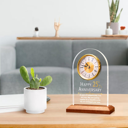 OkiyiD Light Up 25th Anniversary Wedding Gifts Quartz Clock with Wooden Base,25 Years Silver Wedding for Couple,Parents,Soft Warm White Lighting 25th Anniversary Decoration Gifts
