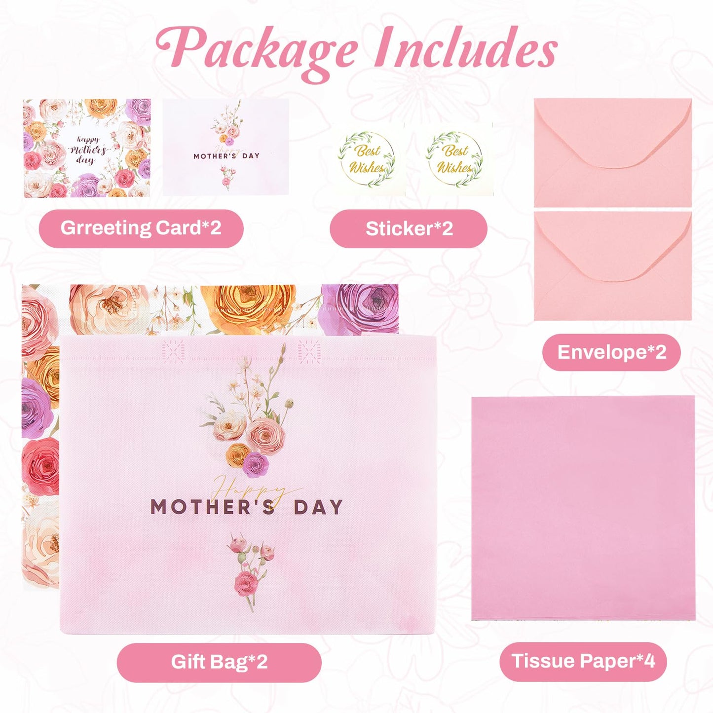 STYPOP 2 Pack 13" Large Mothers Day Gift Bags with Tissue Paper, Reusable Non-Woven Pink Gift Bags with Handles, Mothers Day Gifts for Mom/Grandma/Friends, 12.8"*10.2"*6.3"