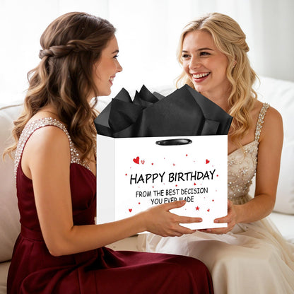 Funny Birthday Gift Bag with Tissue Paper Card From the Best Decision Gift Bags Black and White Happy Birthday Wrapping Bag for Boyfriend Girlfriend Husband Wife Couples Friends Bday Party Decorations