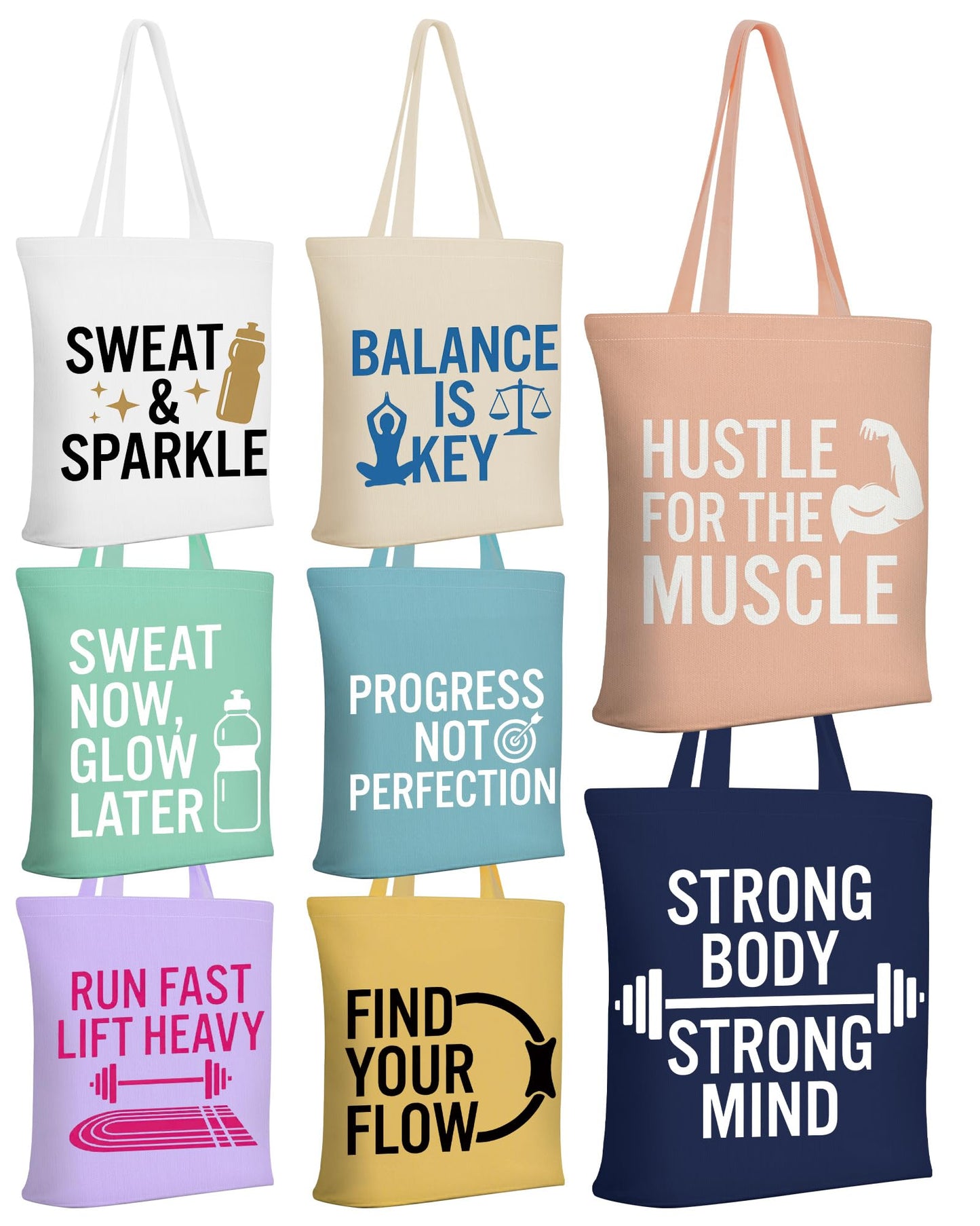 Sanwuta 8 Pcs Fitness Canvas Tote Bags for Women Workout Funny Reusable Shopping Bag with Zipper Inner Pocket Sports Lover Gym Gifts for Pilates Yoga Body Builder Bodybuilding Lovers Everyday Carry