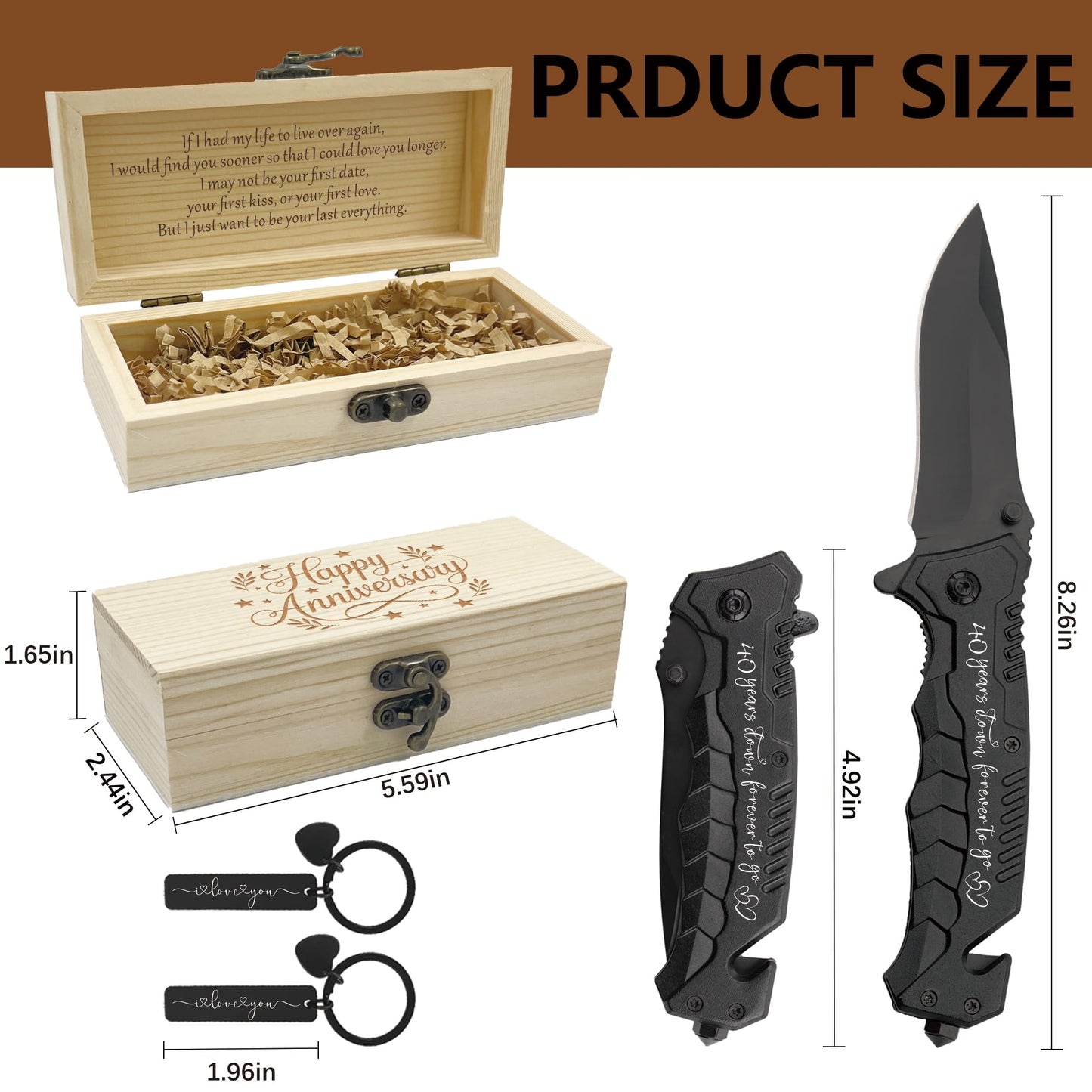40 Years Wedding Anniversary Keepsake Him, 40th Ruby Anniversary Present for Husband, 40 Years Marriage Men Gift Idea, Engraved Pocket Knife with Wood Box, Hunting, Camping, Fishing, Folding Knives