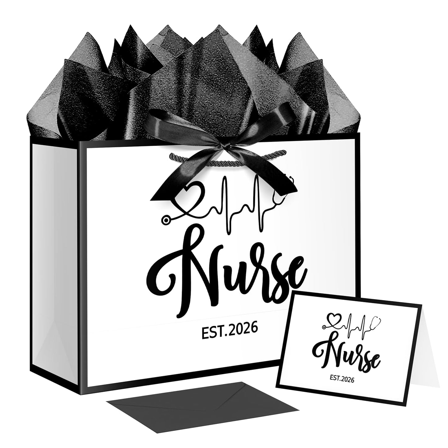 XiaosRen 12.6" White and Black Nurse Gift Bag, EST 2026 Nurse Graduation Gift Bag with Tissue Paper, Card and Ribbon, for Nurses Day, Medical Graduates.