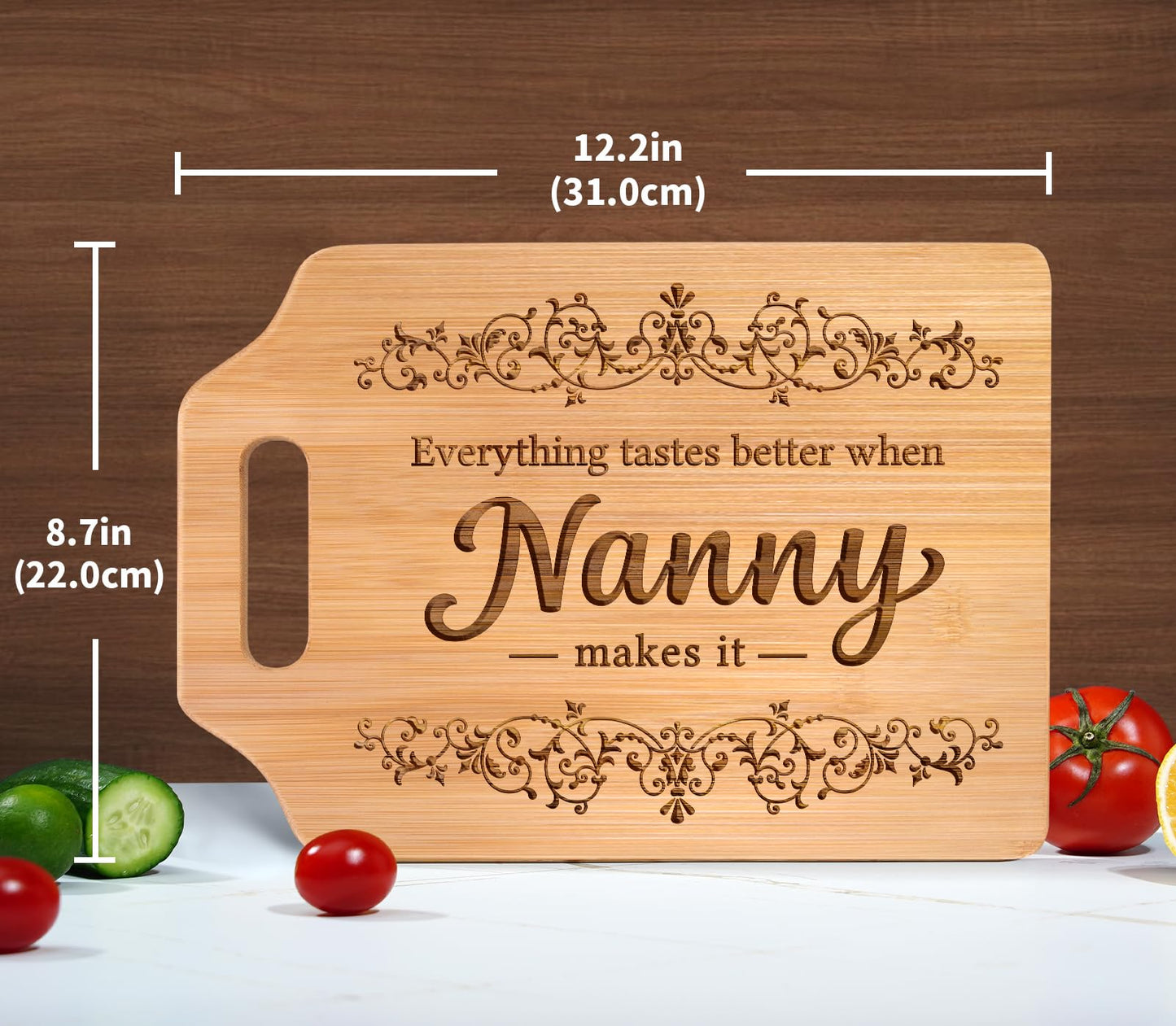 AceThrills Nanny Gifts for Nanny for Birthday from Grandkids - Engraved Bamboo Cutting Board 12.3"L × 8.7"W × 0.4"Th