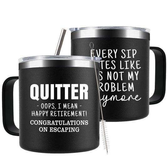 Funny Retirement Gifts For Men - Quitter I Mean Happy Retirement Coffee Mug with Handle, 14oz Retired Cup Mug Xmas Gifts for Coworker Leaving,Teachers,Doctors, Boss,Friends,Dad Black