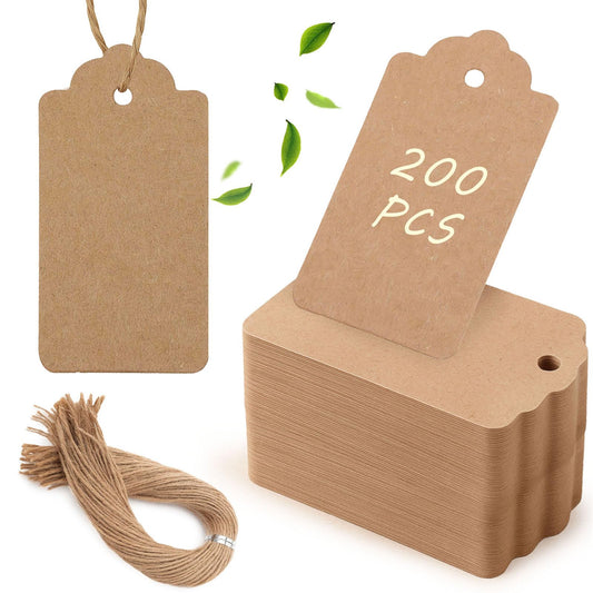 SallyFashion 200pcs Gift Tags with String Attached, 1.6 x 2.8 inch Kraft Paper Hang Handmade Tags for Clothes Birthday Wedding Holiday DIY Crafts (Brown Water Ripple)