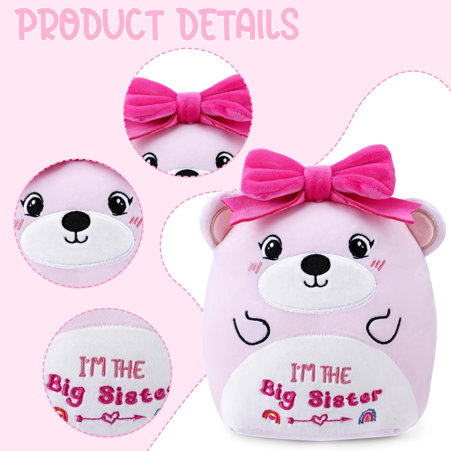 Big Sister Plush Toy: 8-Inch I'm The Big Sister Bear with Pink Bow Stuffed Animal Cute Soft Plushie Pillows Christmas, New Sibling Gifts for Girls Kids