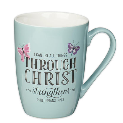 Christian Art Gifts Inspirational Microwave/Dishwasher Safe Ceramic Coffee & Tea Scripture Mug for Women: All Things Through Christ Encouraging Bible Verse, Cute Butterflies, Light Blue/White, 12 oz.