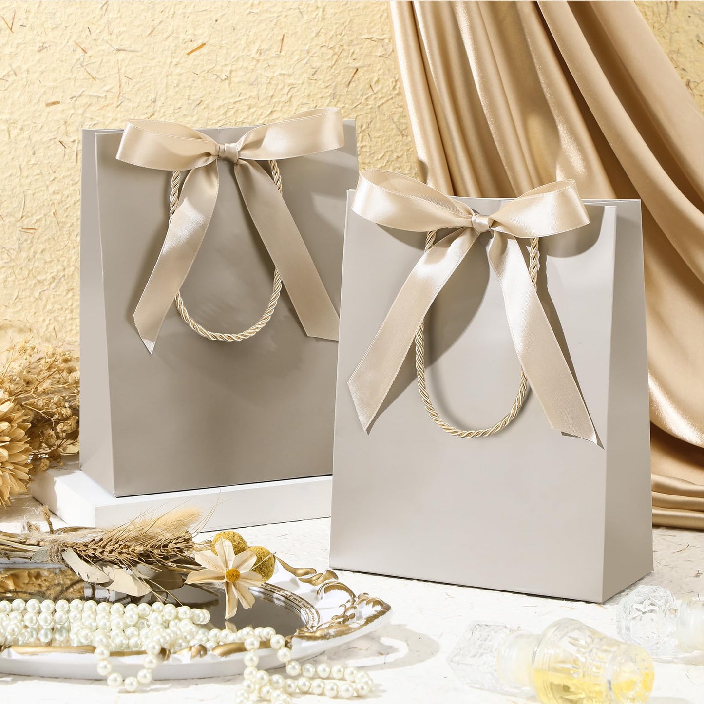 Silkfly 12 Pcs Wedding Paper Gift Bags with Handle 9x7x3.15'' Thank You Gifts Bags with Ribbon Bow Bridal Shower Gifts for Baby Shower Graduation Holiday Birthday Party Supplies (Champagne)