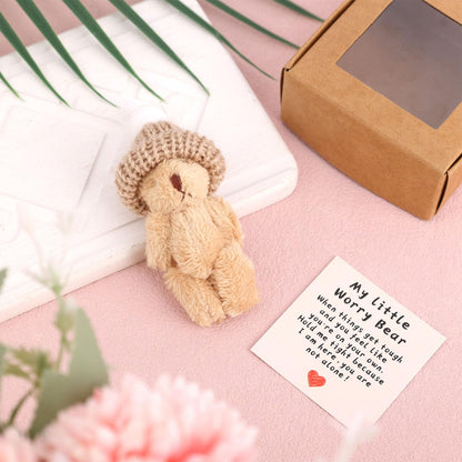Mini Worry Bear in Box with Hat, Positive Mini Plush Bear with Encouragement Card Inspirational Stress Relief Toy for Family Friends Coworkers Gift