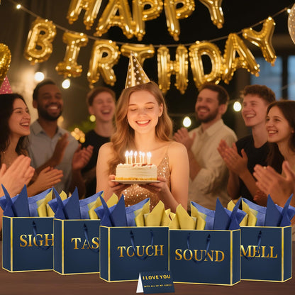5 Senses Gift Bags for Him Her with Labels, Handles & Tissue Paper - Gold Foil Five Senses Gift Bags Party Decor for Birthday, Wedding, Anniversary,Christmas, Valentine's Day (Navy Blue, 11.8x 10x 4 inch)