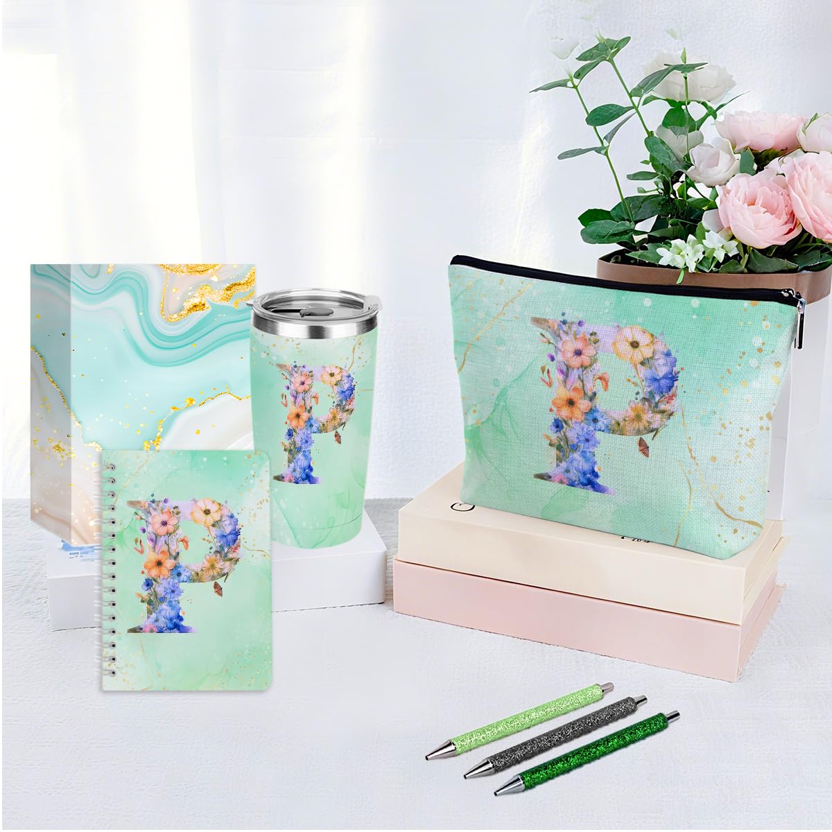 Personalized Gifts Monogrammed Birthday Gifts for Women, Mommy, Female Going Away Christmas, Initial 20 oz Tumbler, Makeup Cosmetic Bag Cup Pens Journal Notebook 6 Set, (Aesthetic Green Flower P)