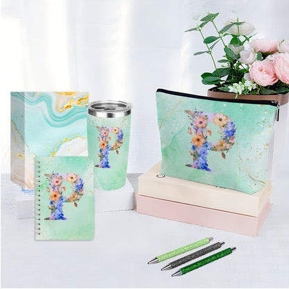Personalized Gifts Monogrammed Birthday Gifts for Women, Mommy, Female Going Away Christmas, Initial 20 oz Tumbler, Makeup Cosmetic Bag Cup Pens Journal Notebook 6 Set, (Aesthetic Green Flower P)