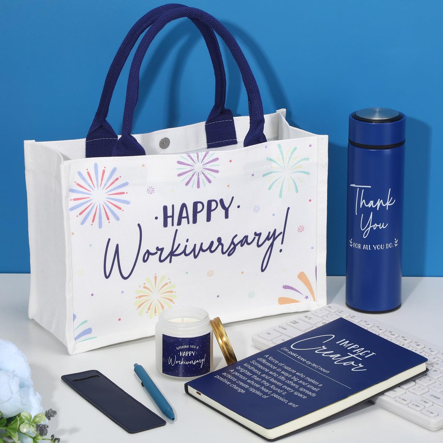 Thenshop 6 Pcs Happy Workiversary Gifts Set for Men Women Employee Appreciation Gifts Include Tumbler Leather Notebook Pen Tote Bag Scented Candle for Office Coworker Employee (Blue)