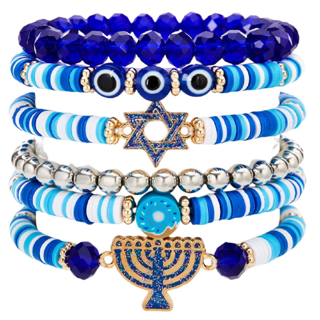 Hanukkah Bracelets Menorah Dove Star of David Evil Eye Clay Beaded Stretch Bracelets Layering Blue White Heishi Beaded Friendship Stackable Bangles for Women Men Jewish Hanukkah Holiday Jewelry