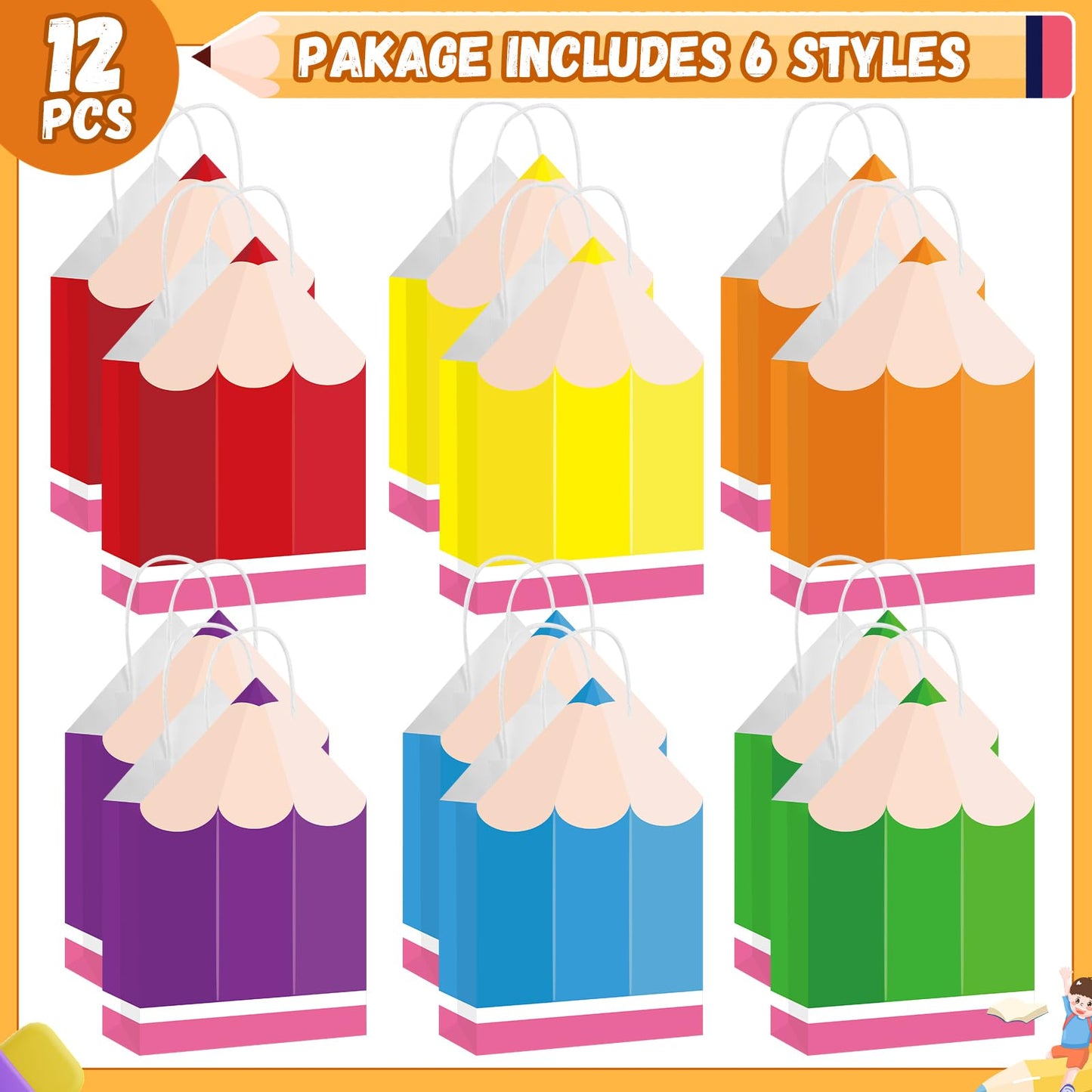 12Pcs Welcome Back to School Pencil Gift Favors Bags First Day of School Candy Boxes with Handle Pencil Goodie Treat Bag for Teacher Appreciation Kindergarten Graduation Birthday Party Supplies