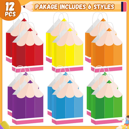 12Pcs Welcome Back to School Pencil Gift Favors Bags First Day of School Candy Boxes with Handle Pencil Goodie Treat Bag for Teacher Appreciation Kindergarten Graduation Birthday Party Supplies