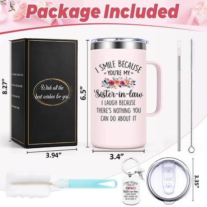 Lifecapido Sister in Law Gifts, I Smile Because You’re My Sister in Law 20oz Insulated Coffee Mug with Keychain, Birthday Christmas Mothers Day Gifts, Rose Quartz