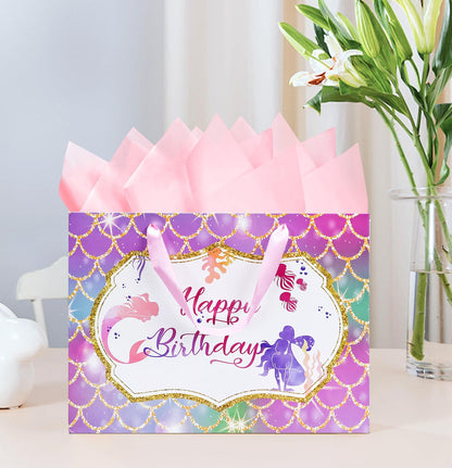 MUNILAIL 13 Inches Large Mermaid Birthday Gift Bag for Girls With Handle, Tissue Paper and Greeting Card - Mermaid Theme Party