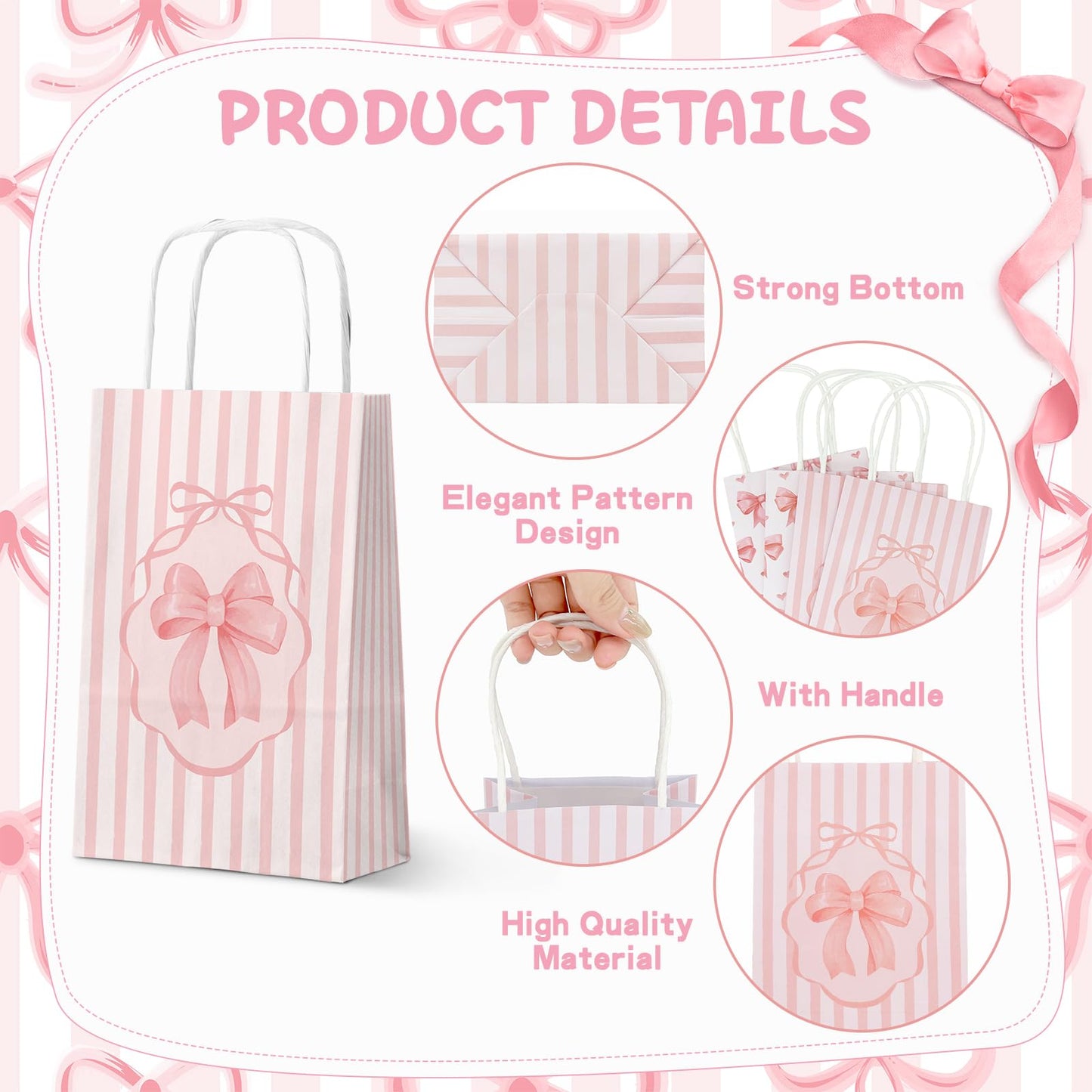 FRIDAY NIGHT 16 PCS Pink Bow Paper Gift Bags with Handle Valentine's Day Gift Bag Pink Party Favor Bag Cute Bow Goodie Candy Treat bags for Birthday Wedding Engagement