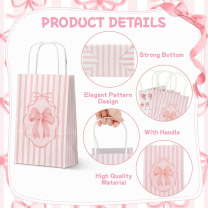 FRIDAY NIGHT 16 PCS Pink Bow Paper Gift Bags with Handle Valentine's Day Gift Bag Pink Party Favor Bag Cute Bow Goodie Candy Treat bags for Birthday Wedding Engagement