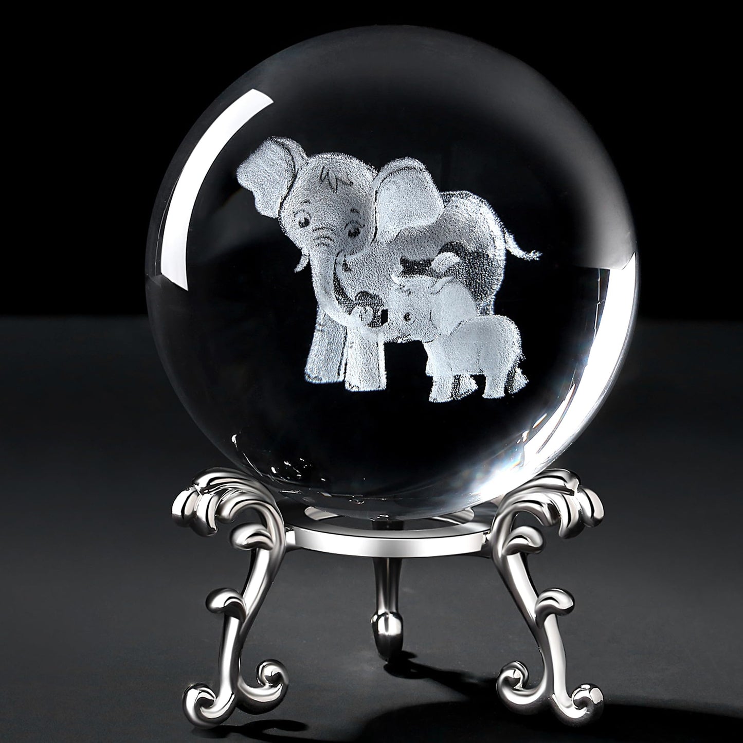 MAIBAOTA Elephant Gifts for Women Mothers Day Birthday Gifts for Mom 3D Crystal Elephant Decor Figurines 60mm Glass Laser Ball Paperweight with Stand Glass Sphere