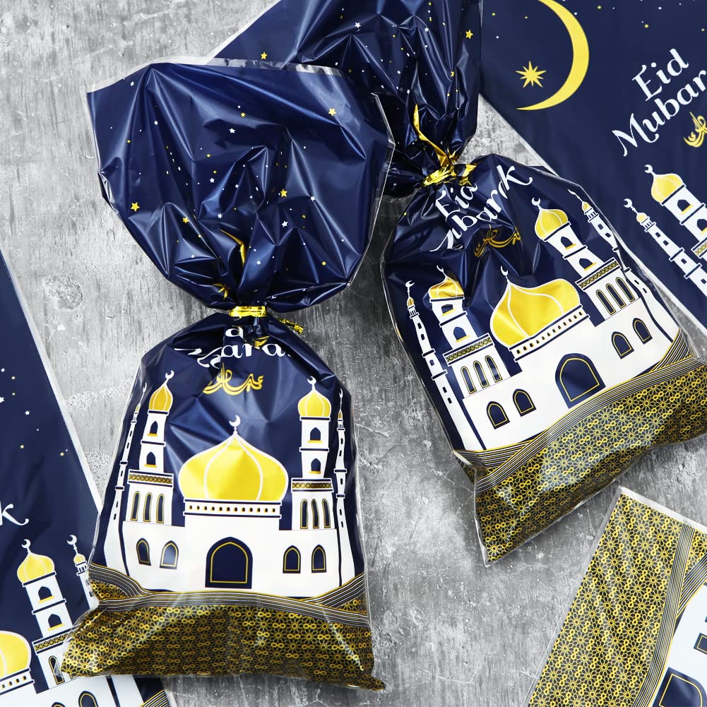 2026 Eid Mubarak Goodie Bags, 100 Pieces Muslim Castle Moon Star Pattern Ramadan Treat Bags Cellophane Bags Goody Favor Bags with Gold Twist Ties for Muslim Islamic Eid Iftar Diwali Party Kids Gifts