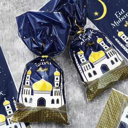 2026 Eid Mubarak Goodie Bags, 100 Pieces Muslim Castle Moon Star Pattern Ramadan Treat Bags Cellophane Bags Goody Favor Bags with Gold Twist Ties for Muslim Islamic Eid Iftar Diwali Party Kids Gifts