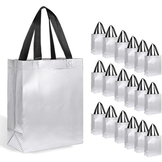 【18-Pack Silver】 Reusable Gift Bags with Handles, Bulk Goodie Bags for Valentines Day, Baby Shower, Birthday, Party Favors, Wedding, Holiday Goodie | 8x4x10 Inches | 18 Premium Silver Bag | Eco-Friendly