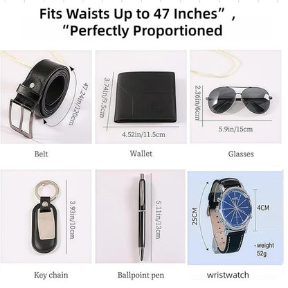 6-Pc Men's Set - Sunglasses, Wallet, Watch, Belt, Pen, Key Ring - For Father's Day, Birthday, Christmas