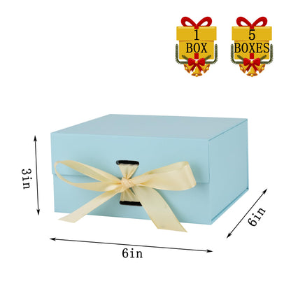 Skivra Blue Gift Box with Ribbon - 1 Pack, 6x6x3 Inch Small Collapsible Luxury Box with Lid, Magnetic Closure, Rectangle, Wedding Gifts, Shredded Paper Filler & Card